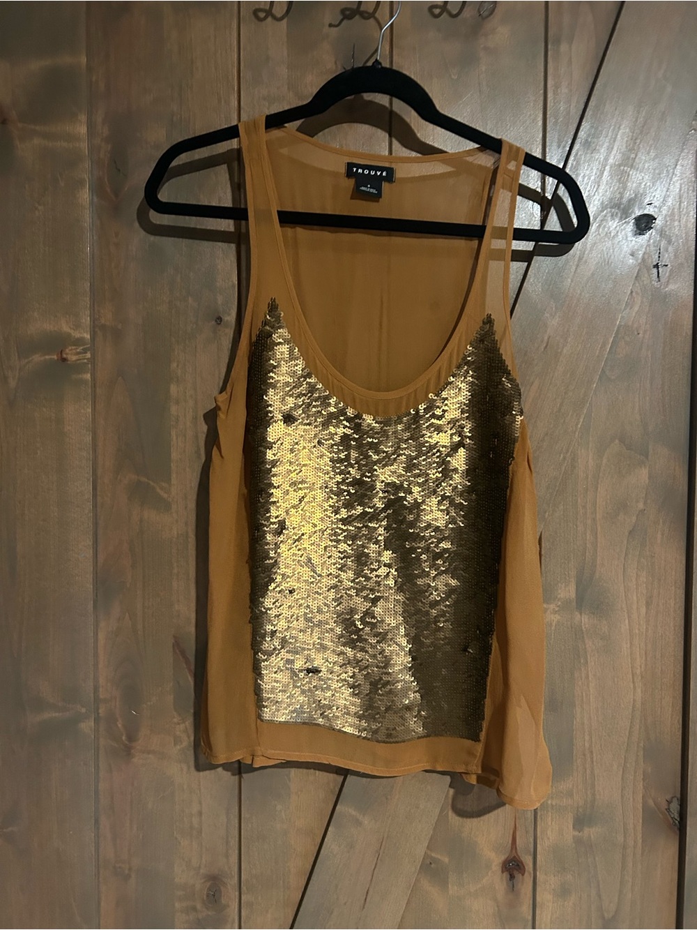 Trouve Gold Sequin Scoop-Neck Chiffon Tank - Mustard